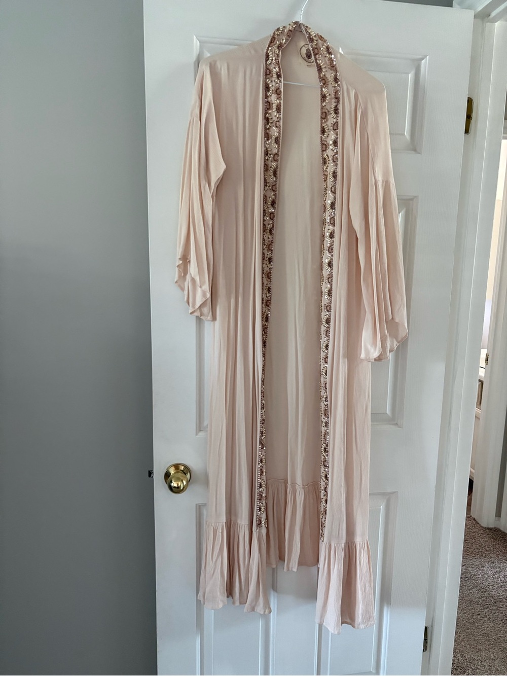 Beaded Trim Blush Long Kimono Dress